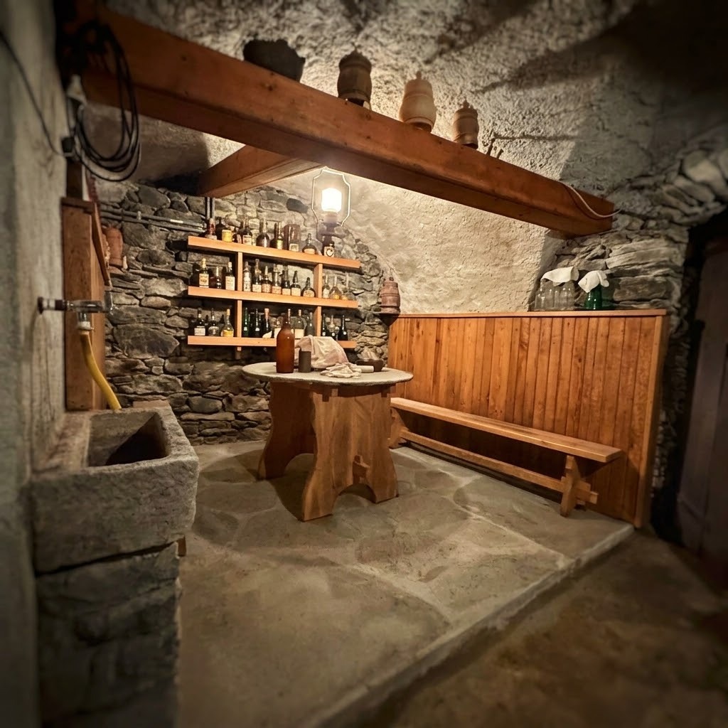 Taverna da degustazione con tavolo in legno e pietra a vista