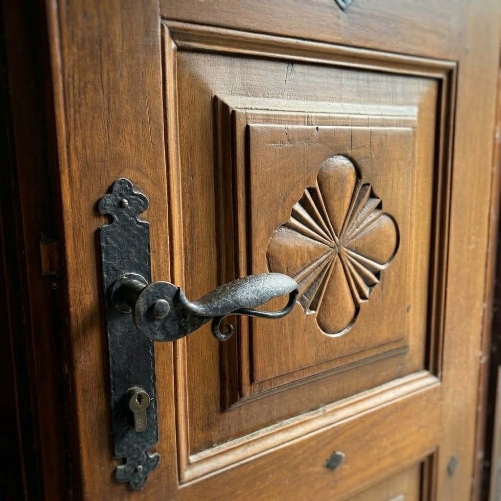 Portone padronale in legno massello con rosetta intagliata